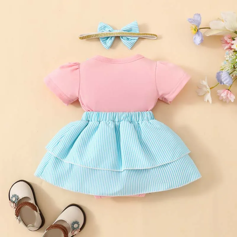 Newborn Baby Girl 2Pcs Set Adorable Cartoon Bear Bodysuit Striped Skirt Set with Matching Bow Headband Infant Outfits 0-1 Years