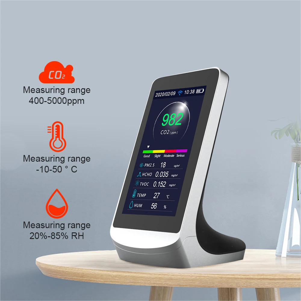 10 in 1 Air Quality Monitor Measures PM2.5 PM1.0 PM10 HCHO TVOC AQI Temp Humidity & Formaldehyde Gas with Color Screen