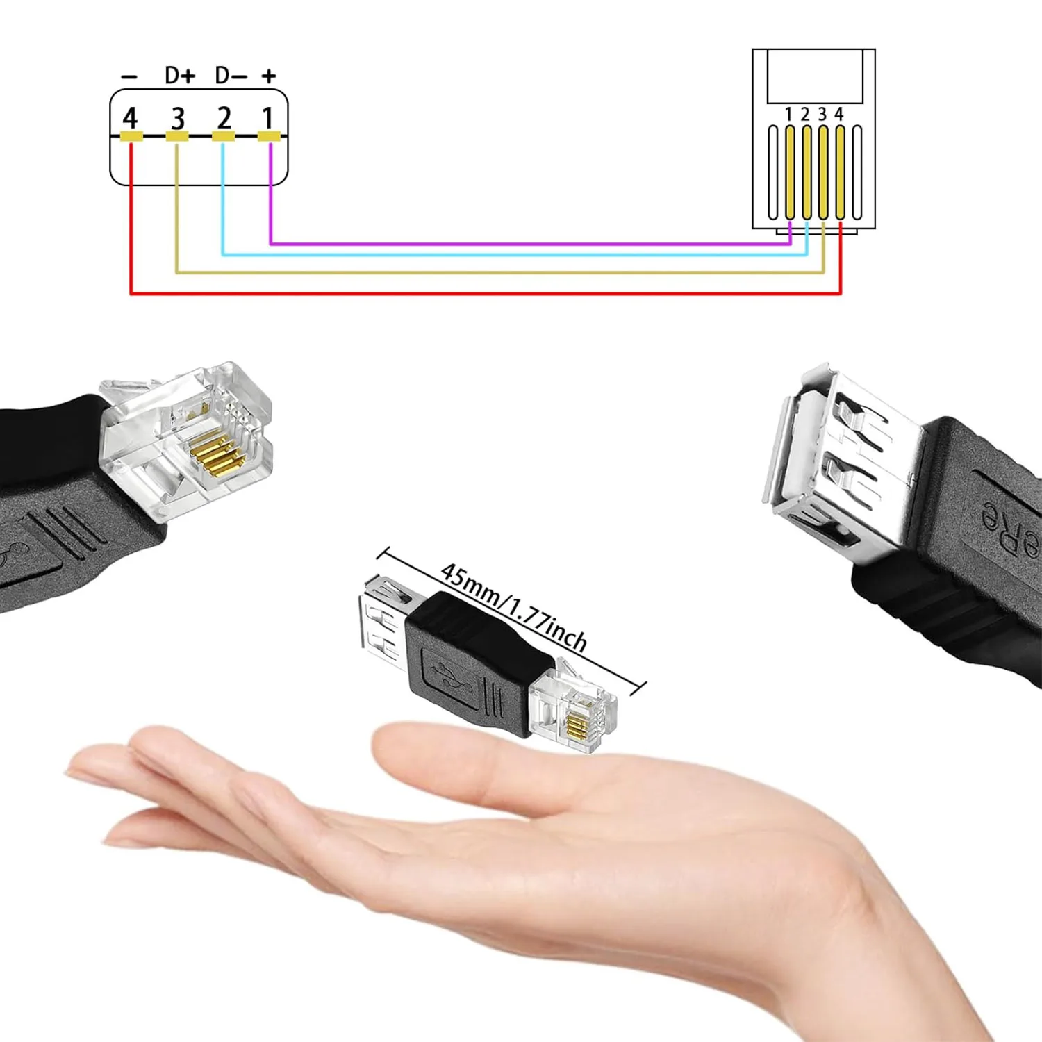 1pc USB 2.0 Type A Female To RJ11 4 Pin 6P4C Male Ethernet Network Phone Connector Converter Adapter