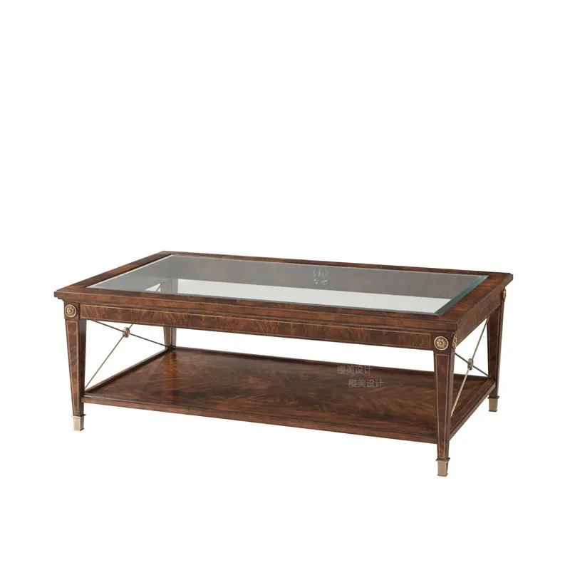 Alexander glass countertop coffee table, neoclassical wood grain parquet pure copper coffee table