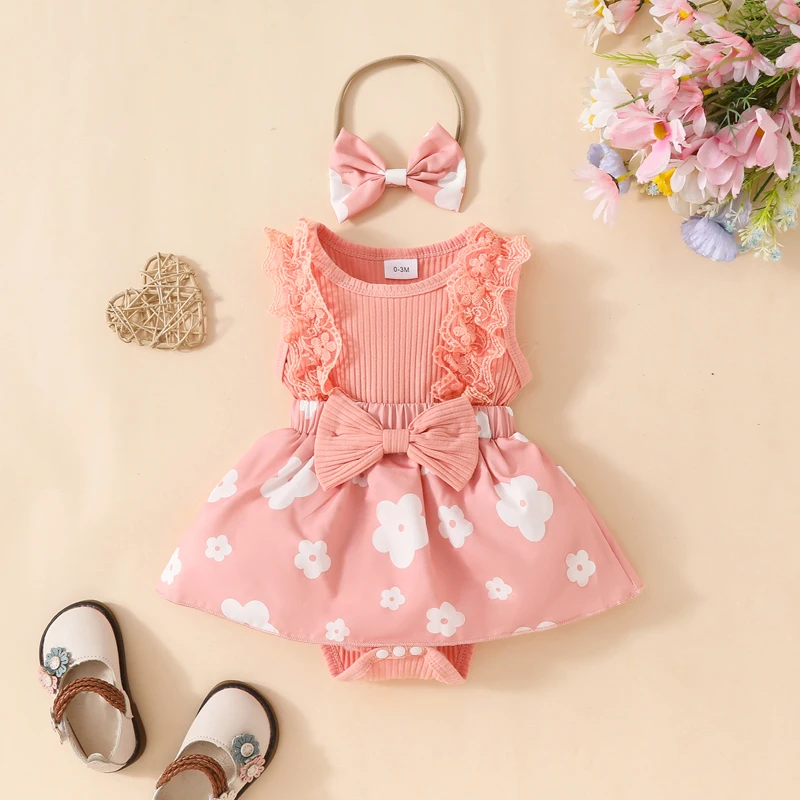 

2024-04-25 Lioraitiin Baby Girls Set Adorable Lace Flower Bow Ribbed Sleeveless Round Neck Romper Dress Bow Tie Headband Outfits