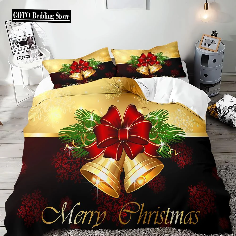 

Merry Christmas Duvet Cover Gold Bell Bow Bedding Set for Children Teens Holiday Gifts Bedroom Decoration Queen King Full Size