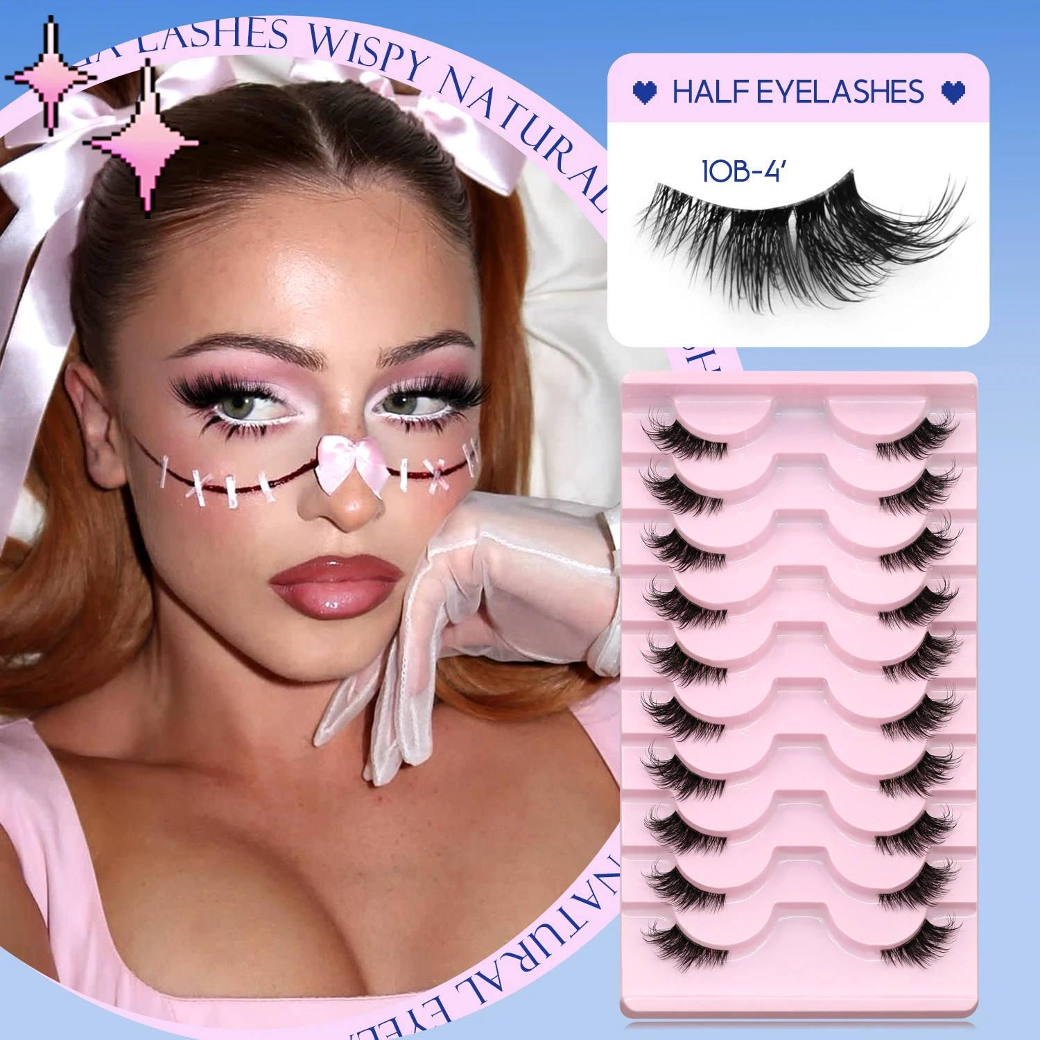 ラスヴィレ ハーフまつげ ナチュラルキャットアイまつげ ナチュラルふわふわクリアステムまつげ ソフトウィスピー3Dフェイクミンクまつげ メイクアップ