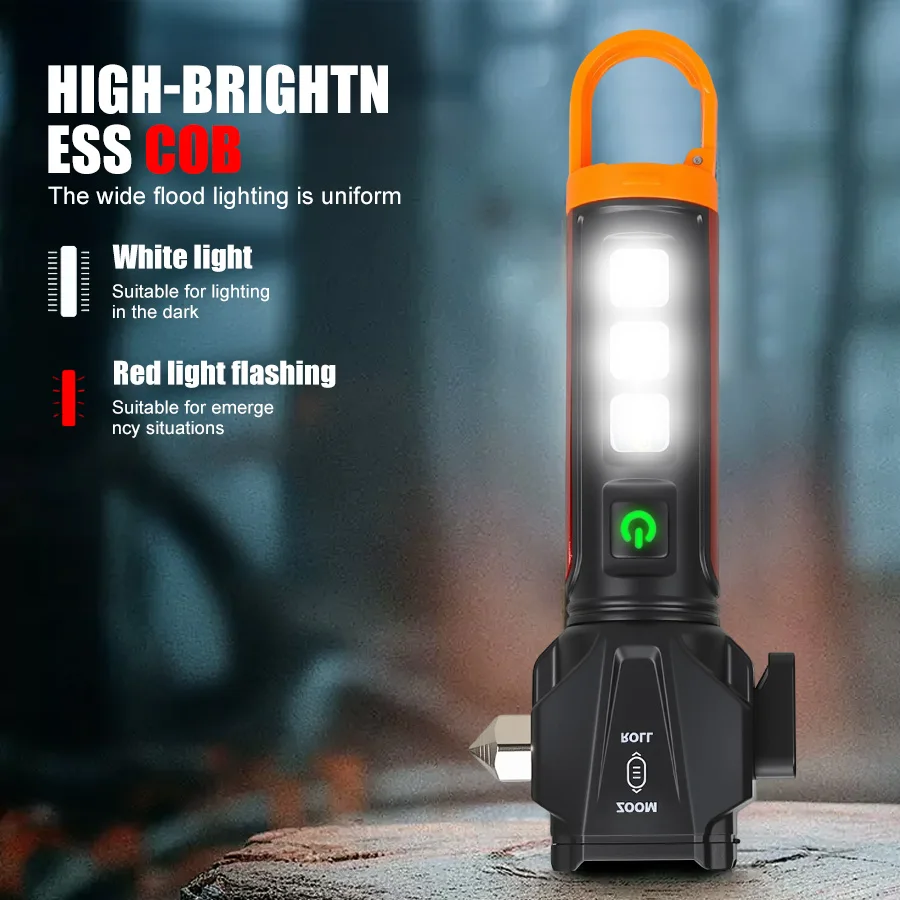 Super Bright LED Flashlight USB Rechargeable Torch Outdoor Strong Light Hook Camping Lamp Hammer Flashlight Emergency Red Light