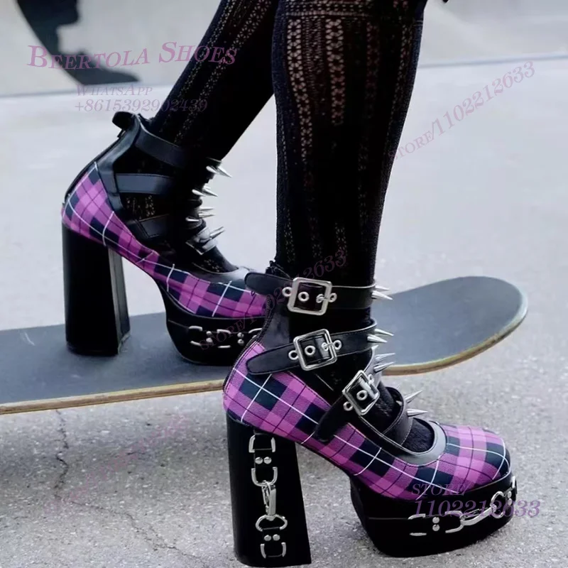 1 Light Purple Black Plaid Platform Heels Sweet Girl Metal Buckle Sandals Round Pink Buckle Pump Patent Leather Cool Women Shoes