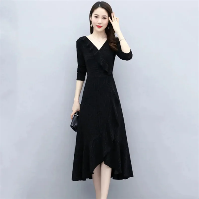 Velvet dress For Spring And Autumn 2024 New Style For Socialites, Slimming Off V-neck Dress Trendy Children's Clothing