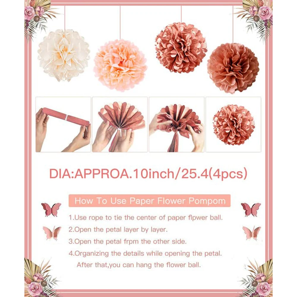 1 2 3 Year Girl Birthday Decorations Boho Balloon Paper Flower Pom Poms Happy Birthday Banner Pink Sand White Apricot Balloon