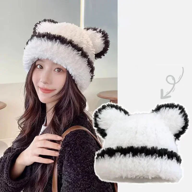 Warme Plüschmütze für Damen, niedliches Ohr, Winter, verdickte Plüsch-Pullover-Hüte, Outdoor, Anti-Kälte, winddicht, Gehörschutz-Hüte