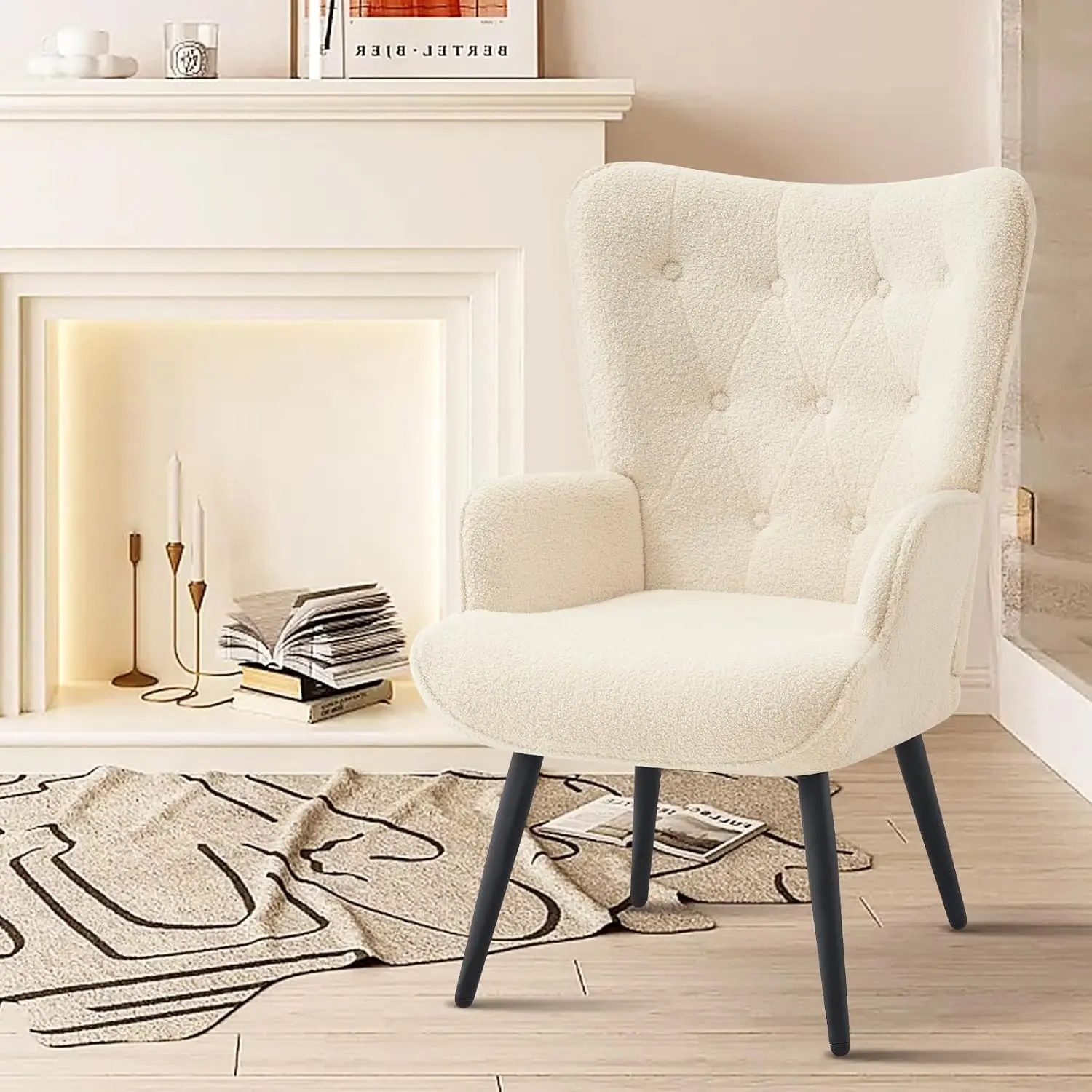 Faux Fur White Accent Chair Mid Century Modern Living Room Chairs; Comfy Armchair Leisure Vanity Guest Wingback , Customized