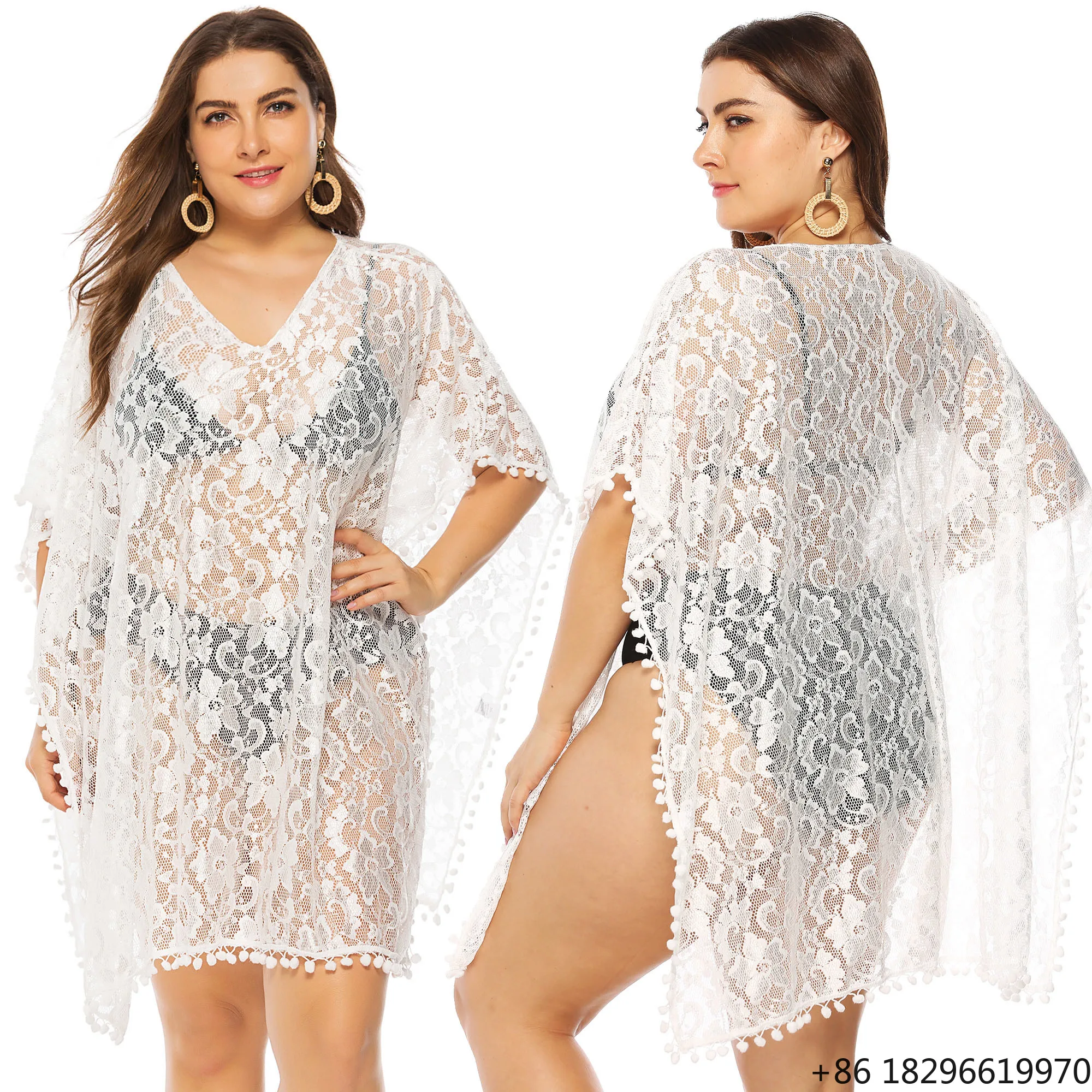 Custom Women Lace V Neck See Through Sexy Beach Swimsuit Cover up Plus Size Sexy One Piece Lace Contrast Color