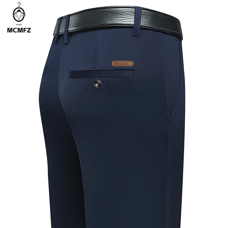 No Iron Men Daily Commuting Bottoms Lightweight Stretch Smooth Fabric Leather Label Tailored Waist Formal Matching Trousers