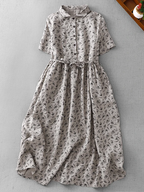 

Женское льняное платье миди А-силуэта свободного кроя с цветочным принтом, винтажное, для повседневной носки, с завышенной талией, больших размеров