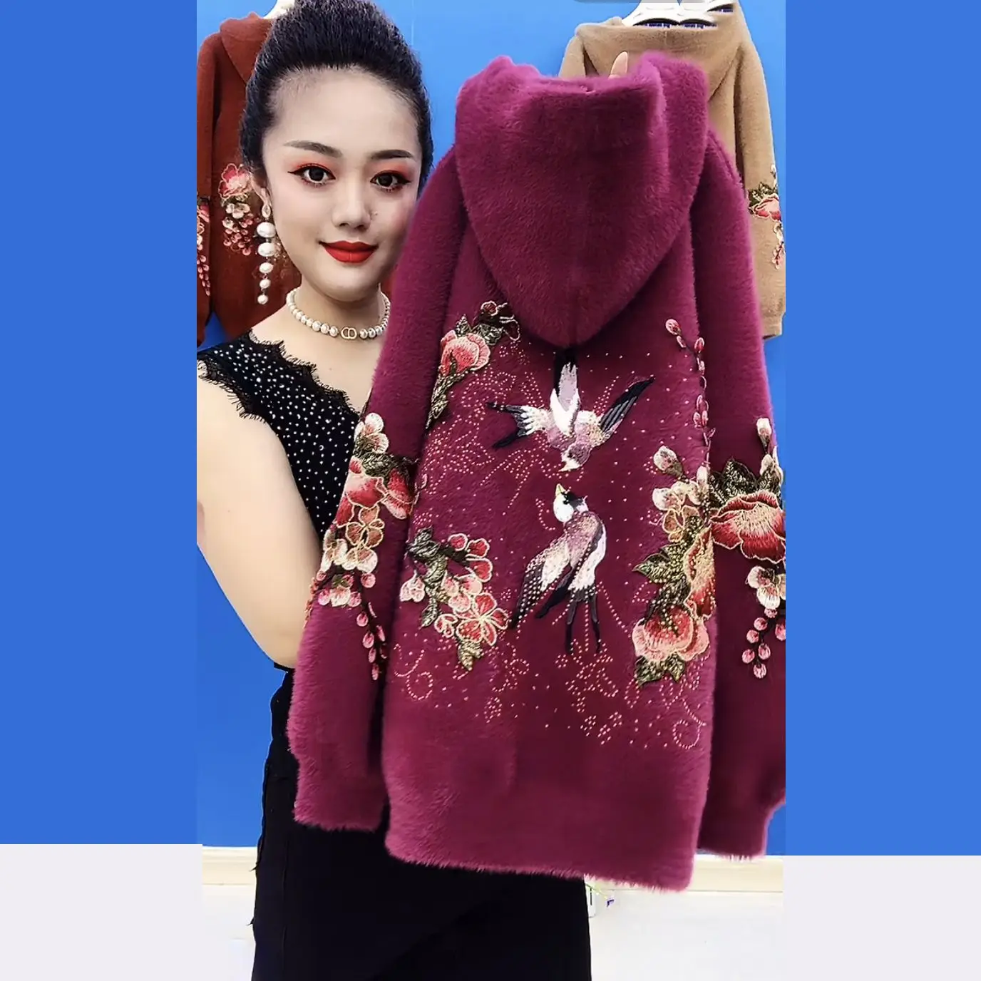 Autumn Winter New Imitation Mink Velvet Women Hooded Embroidered Wool Thick Coat Loose Casual Fashion Knitted Sweater U862