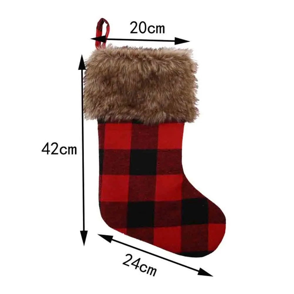 Festive Plaid Christmas Stockings with Faux Fur Cuffs Gift Bags for Holiday Tree Decorations