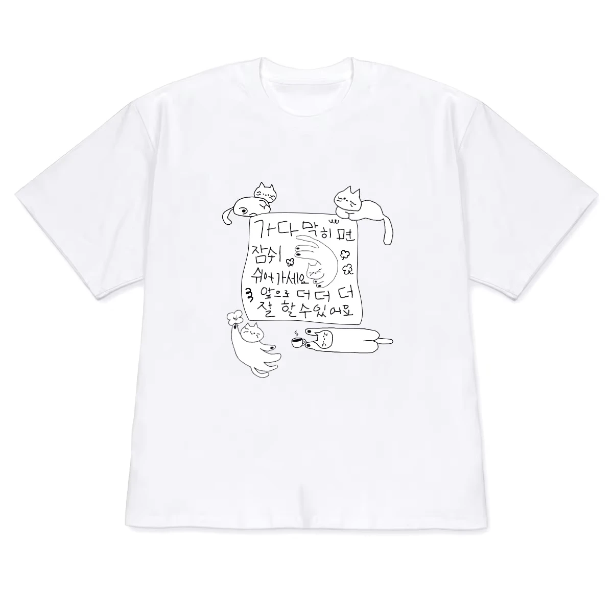 Minimalist Korean Cat Print T-shirt Short-sleeved Graphic Tee Funny Hand-drawn Casual Stylish Kawaii Crew Neck Y2k Tees Unisex