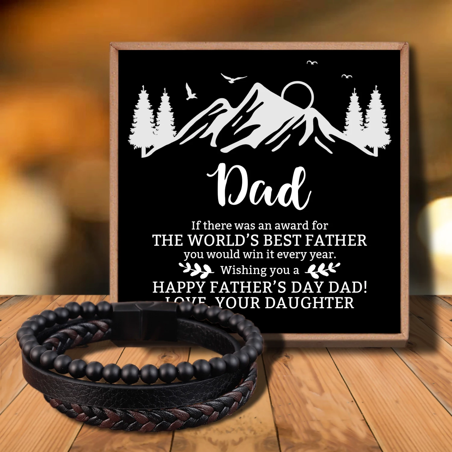 

Sab3213 Daughter To My Dad Fashion Volcanic Stone Beaded Leather Bracelet for Men Charm Stainless Steel Magnetic Clasp Wrap Bang