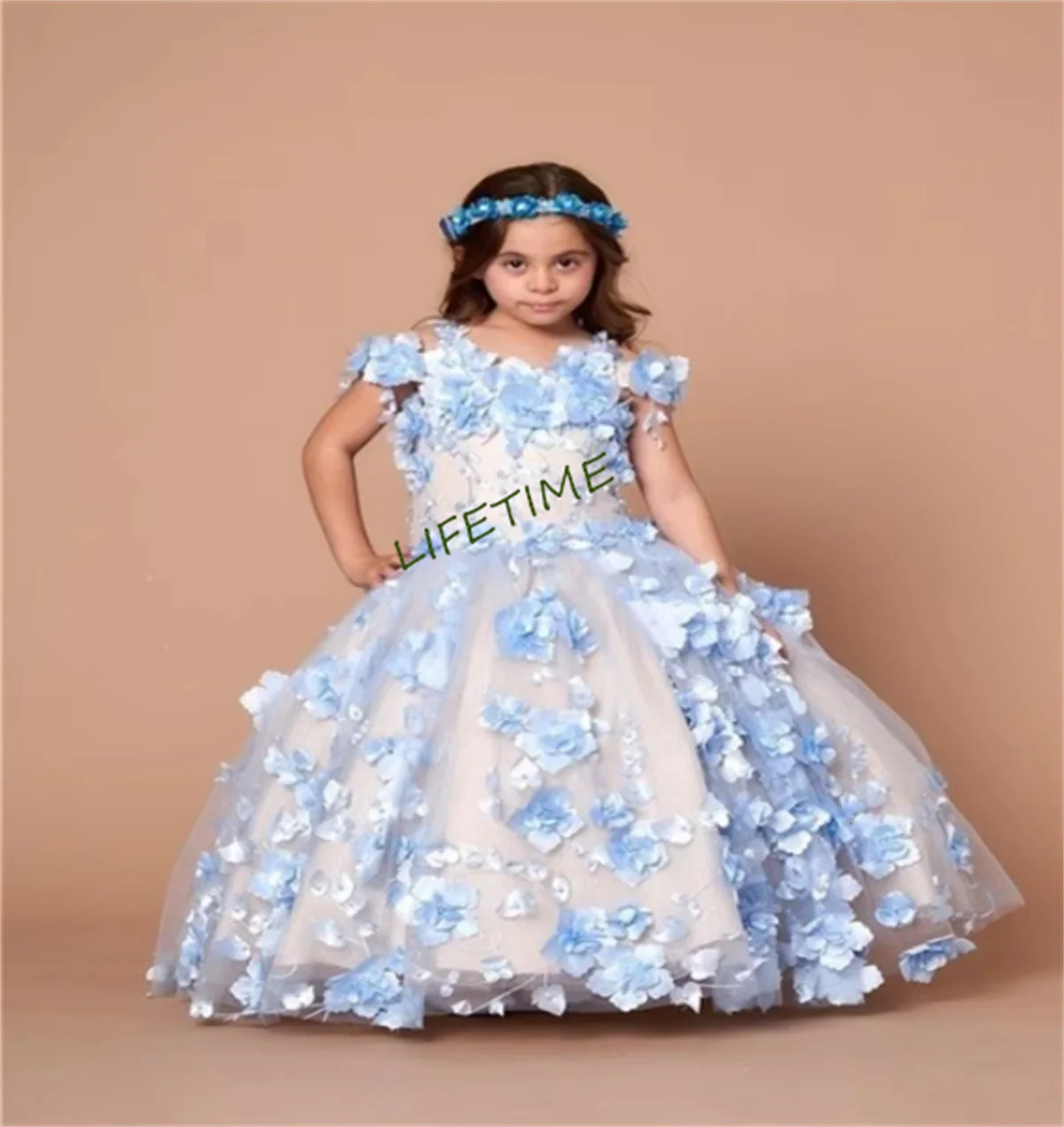 

3D Lilac Decals Flower Girl Dresses Ball Gown Tulle Floral For Weddings Pageant Dresses Kids Baby Communion