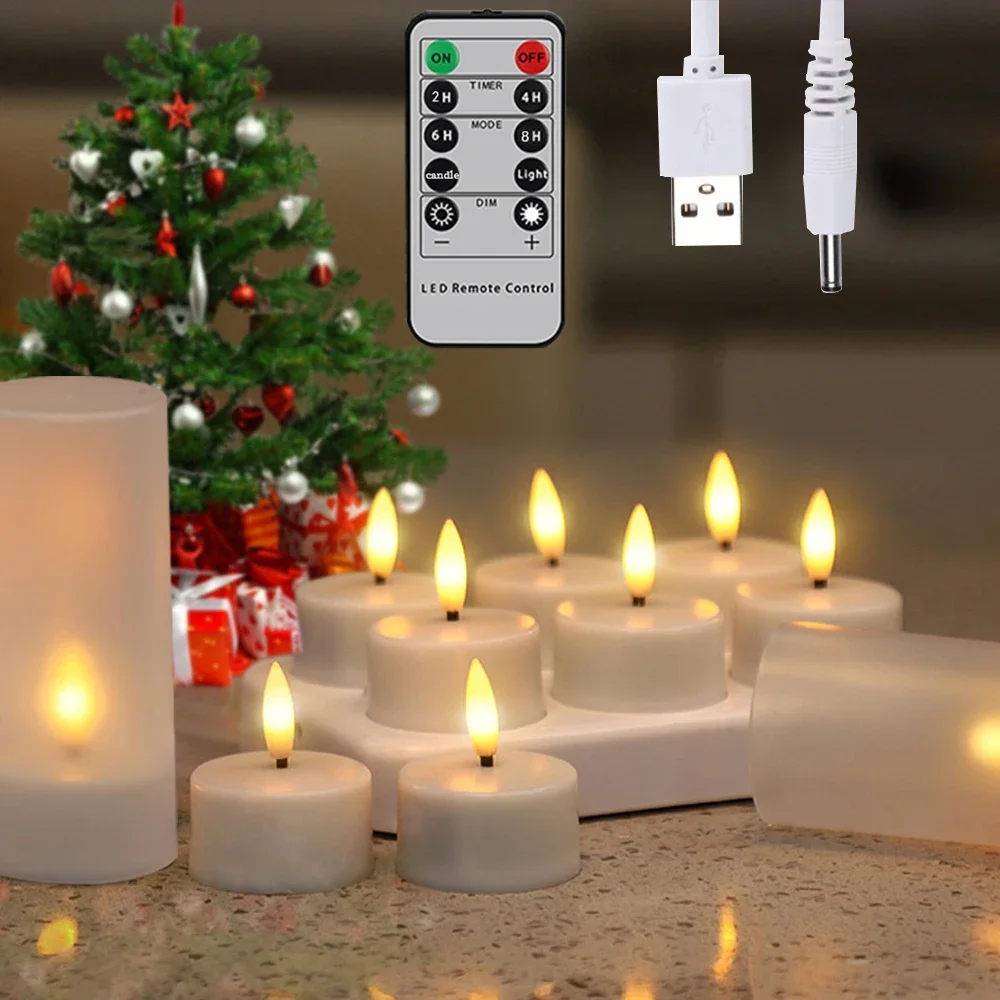 

USB Rechargeable LED Candles Llameless Candle Tealight with Charging Base Remote Timer Christmas Home Decoration Birthday Candle