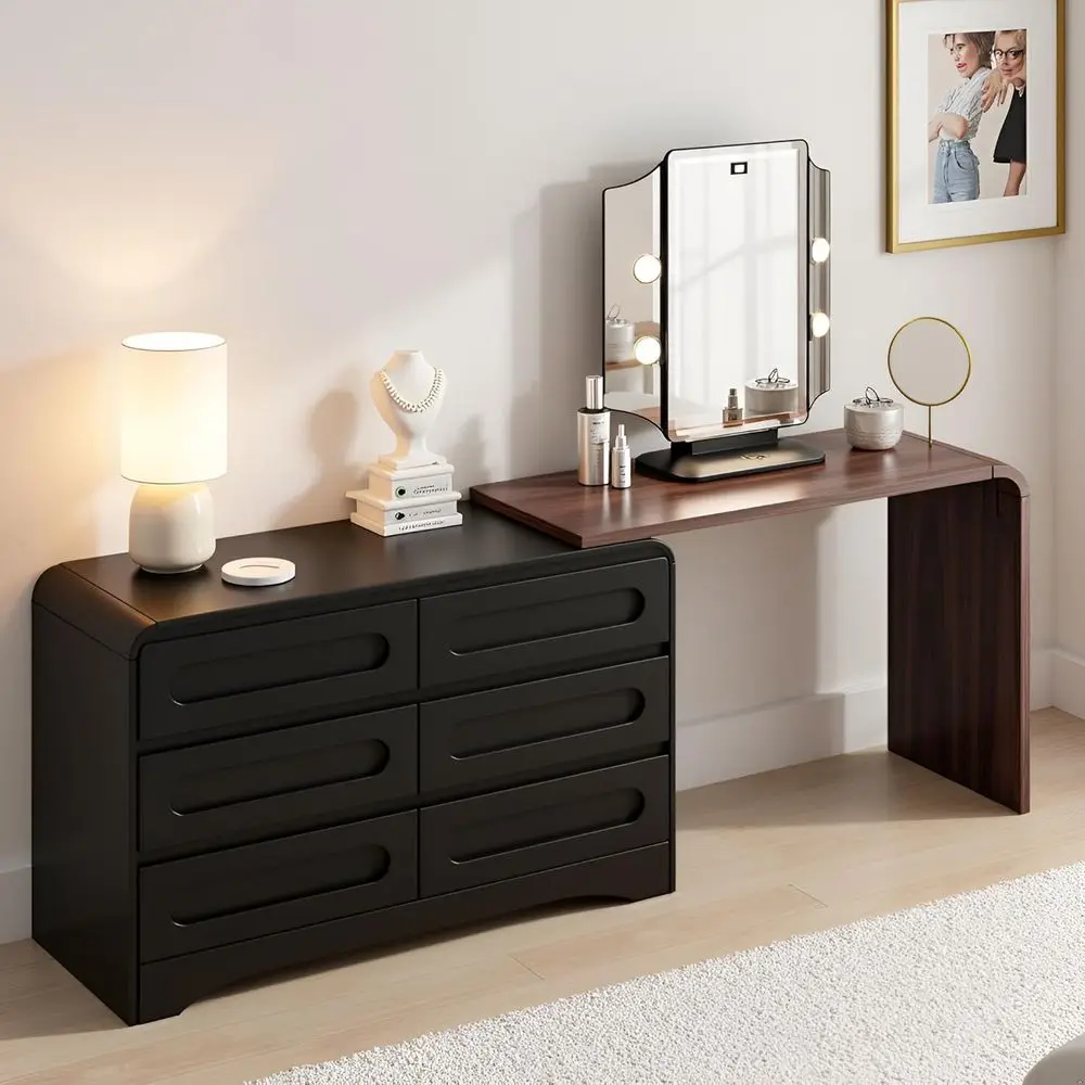 L-Shaped Desk and Vanity Combo with 47 Drawers, Chest, and Organizer for Bedroom, Living Room, or Hallway in Black