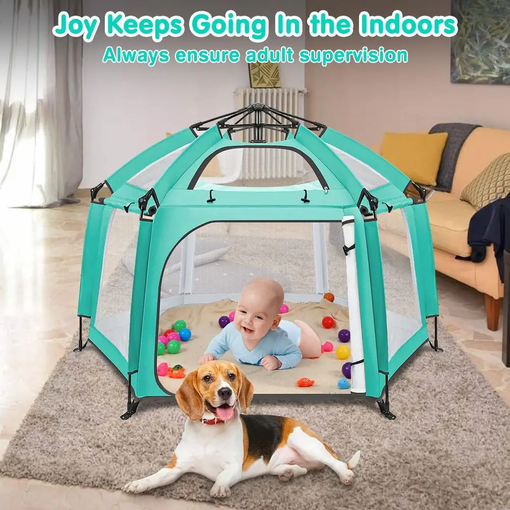 ساحة لعب محمولة للأطفال مع مظلات وأغطية للأشعة فوق البنفسجية، روضة أطفال خفيفة الوزن للسفر للاستخدام في الهواء الطلق والمنزل، أخضر نعناعي #4