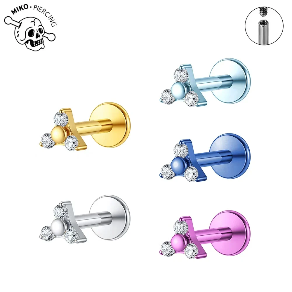 Bijou de piercing en titane ASTM F136 anodisé 16G avec triple zircon cubique pour cartilage, hélix, tragus, conque, lobe d'oreille et lèvre