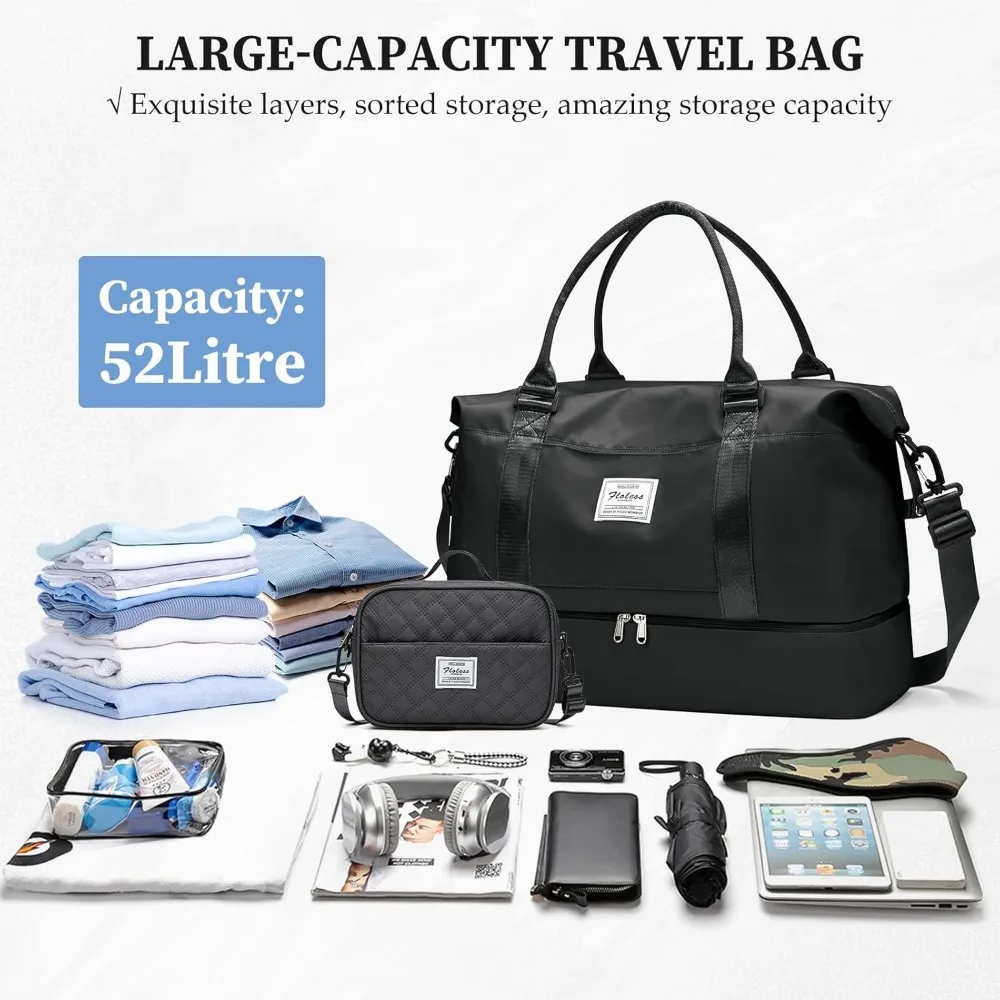 حقائب عطلة نهاية الأسبوع للنساء، حقيبة سفر واق من المطر بين عشية وضحاها مع حجرة للأحذية، حقيبة حمل شخصية، أسود، كبير، مجموعة من 3 قطع