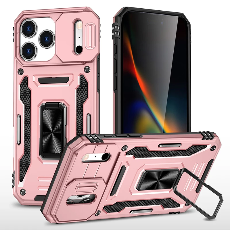 

Shockproof Hybrid Dual Layer Ring Kickstand Phone Case For iPhone 17 Pro Max 16 15 14 13 12, Hard Slide Camera Protection Cover