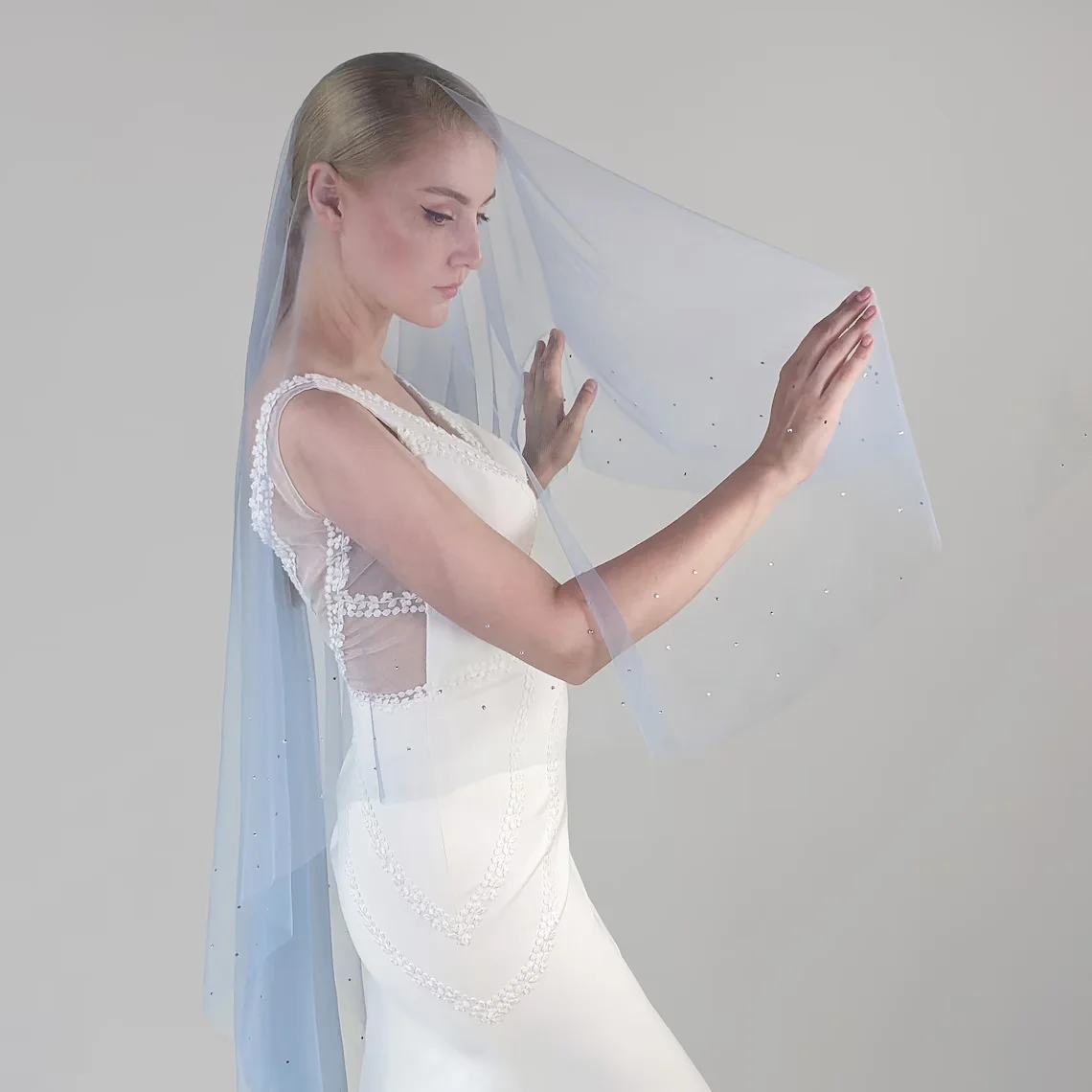 Dusty Blue Tulle Rhinestone Veil ,Two Tier Veil With Bridal Hair Comb