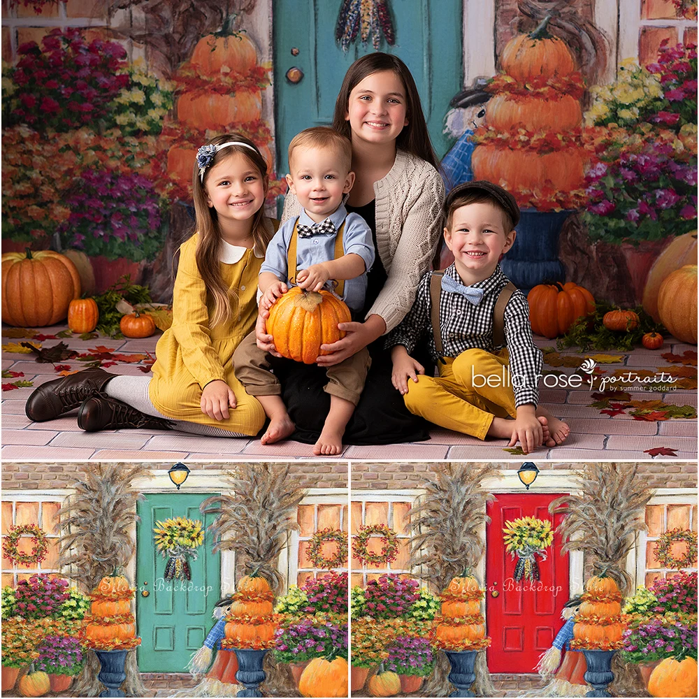 Red and Teal Fall Door Photography Background Autumn Harvest Thanksgiving Backdrop Photo Studio Props With Pumpkin Flower Decor