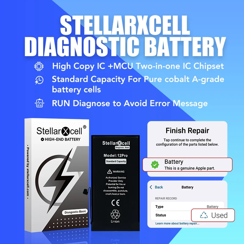بطارية أساسية تشخيصية من StellarXcell لجهاز iP12 13 14 15 Mini Pro Plus Max متوافقة مع رسالة بدون خطأ أداة صحية مجانية 100%