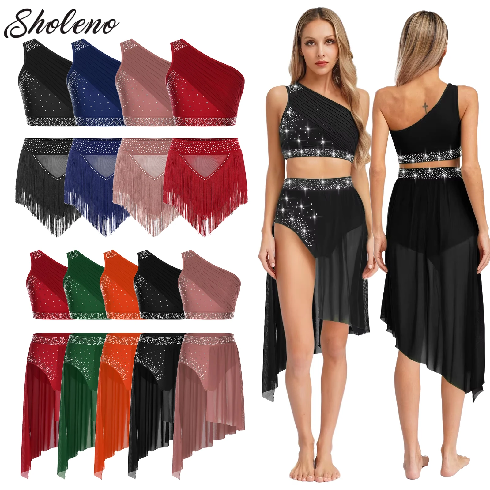 

Adults Lyrical Dance Costume Modern Contemporary Dance Outfits Womens One Shoulder Crop Top with Skirted Leotard 2Pcs Dancewear