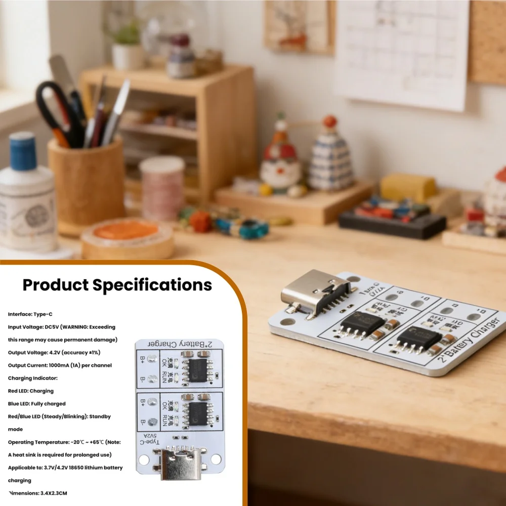 2 Channel 18650 Lithium Battery Charging Module DC 5V Input 4.2V Output 1A per Channel Type-C USB Dual Independent Charger