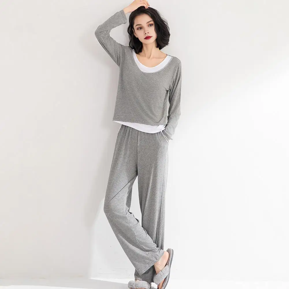 

Breathable Modal Fabric Pajamas Cozy Modal Pajama Set with Built-in Bra for Women Long Sleeve Top Pants Sleepwear Casual