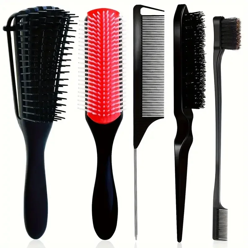 

5 Pcs Detangling Brush Set - Cushion Nylon Bristles, Dual Edge, Teasing, and Styling Comb