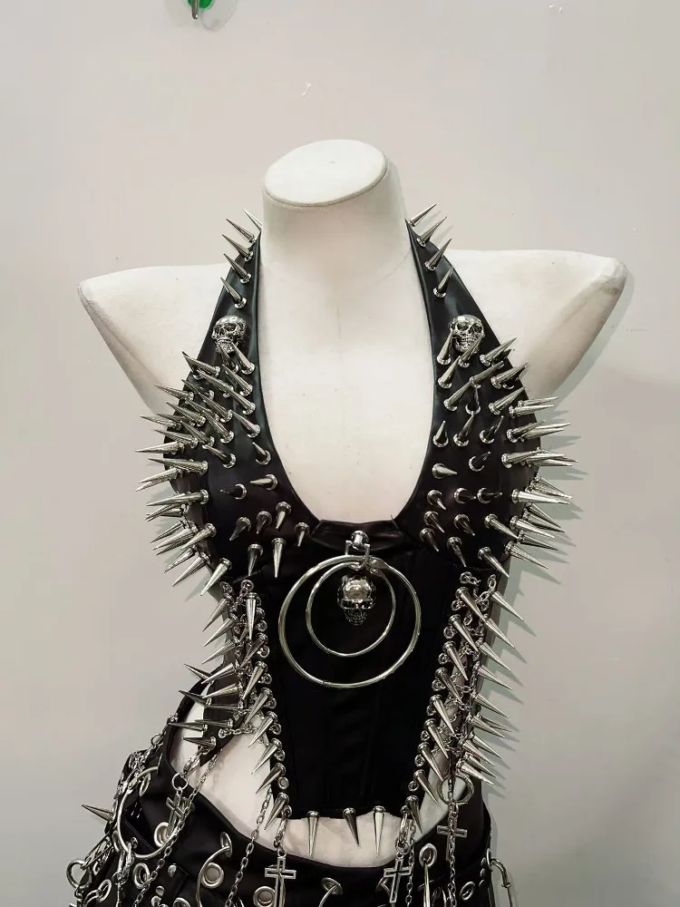 Sexy Punk Skull Head Embellished Vest Strap Rivet Detailing Backless Original Design Polyester Fiber Two-Piece Set Summer 2024