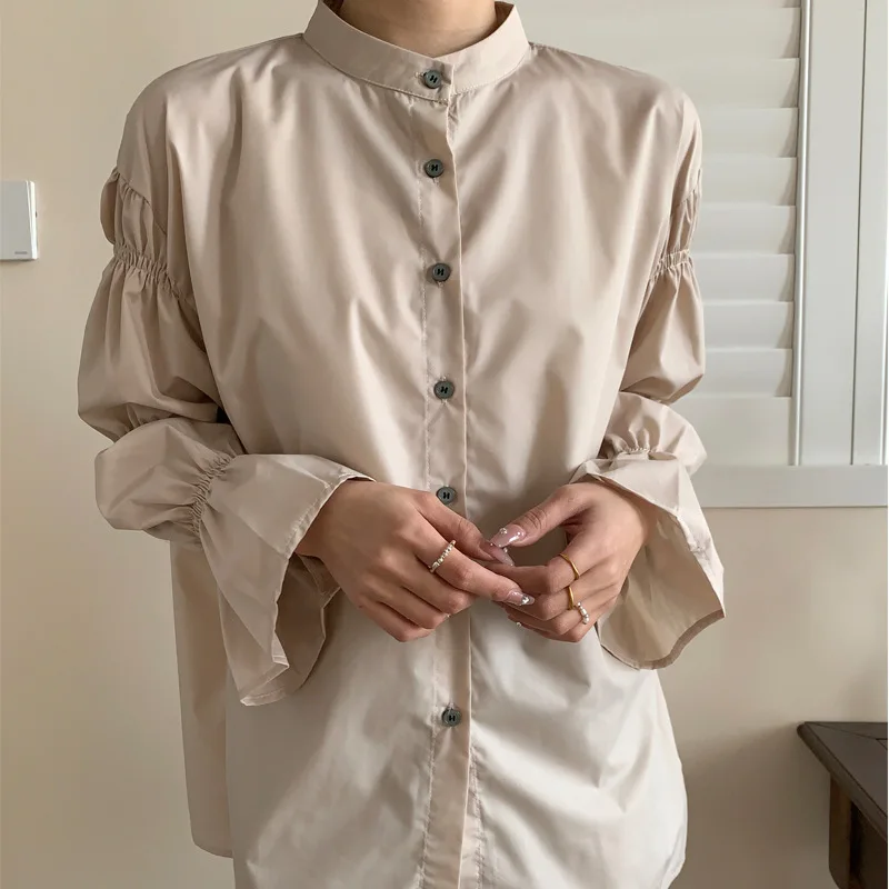 

Spring and Autumn Tops Temperament Commuting Loose Lantern Sleeves Design Sense Solid Color Stand-up Collar Shirt