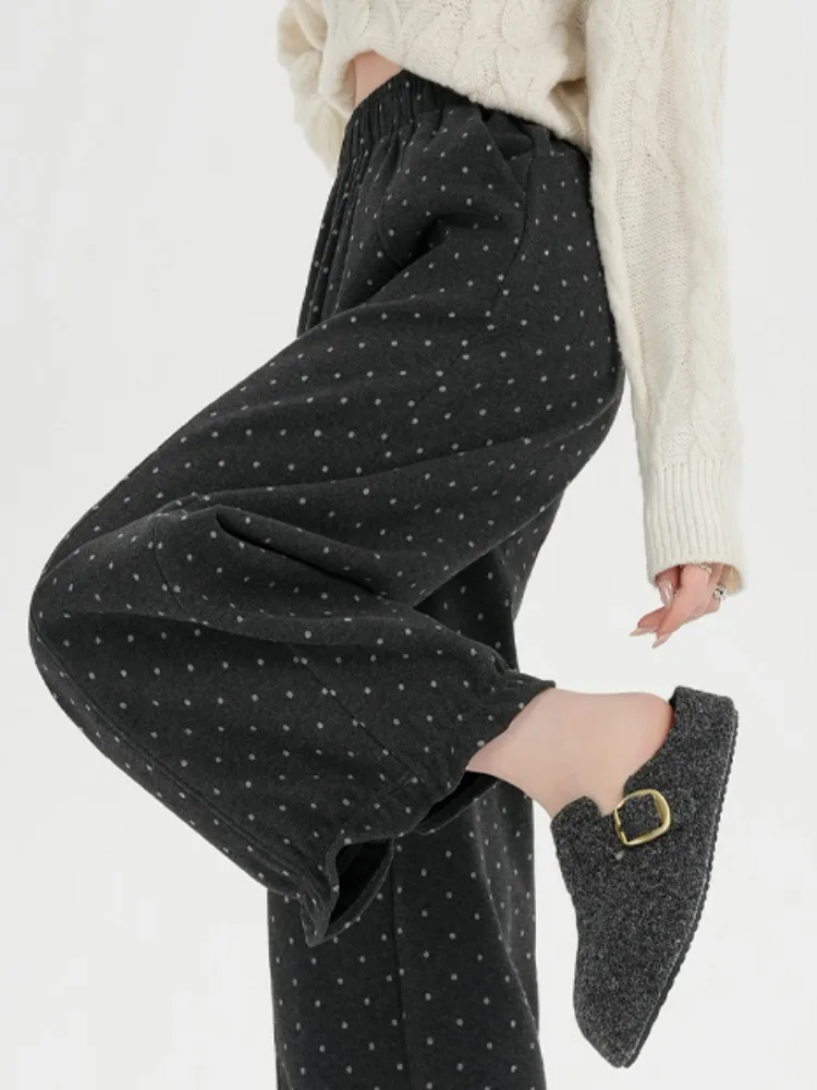 

Серые шерстяные брюки в горошек с кружевом, утепленные, повседневные, женские, осенне-зимние, свободные, широкие, с высокой талией, на резинке