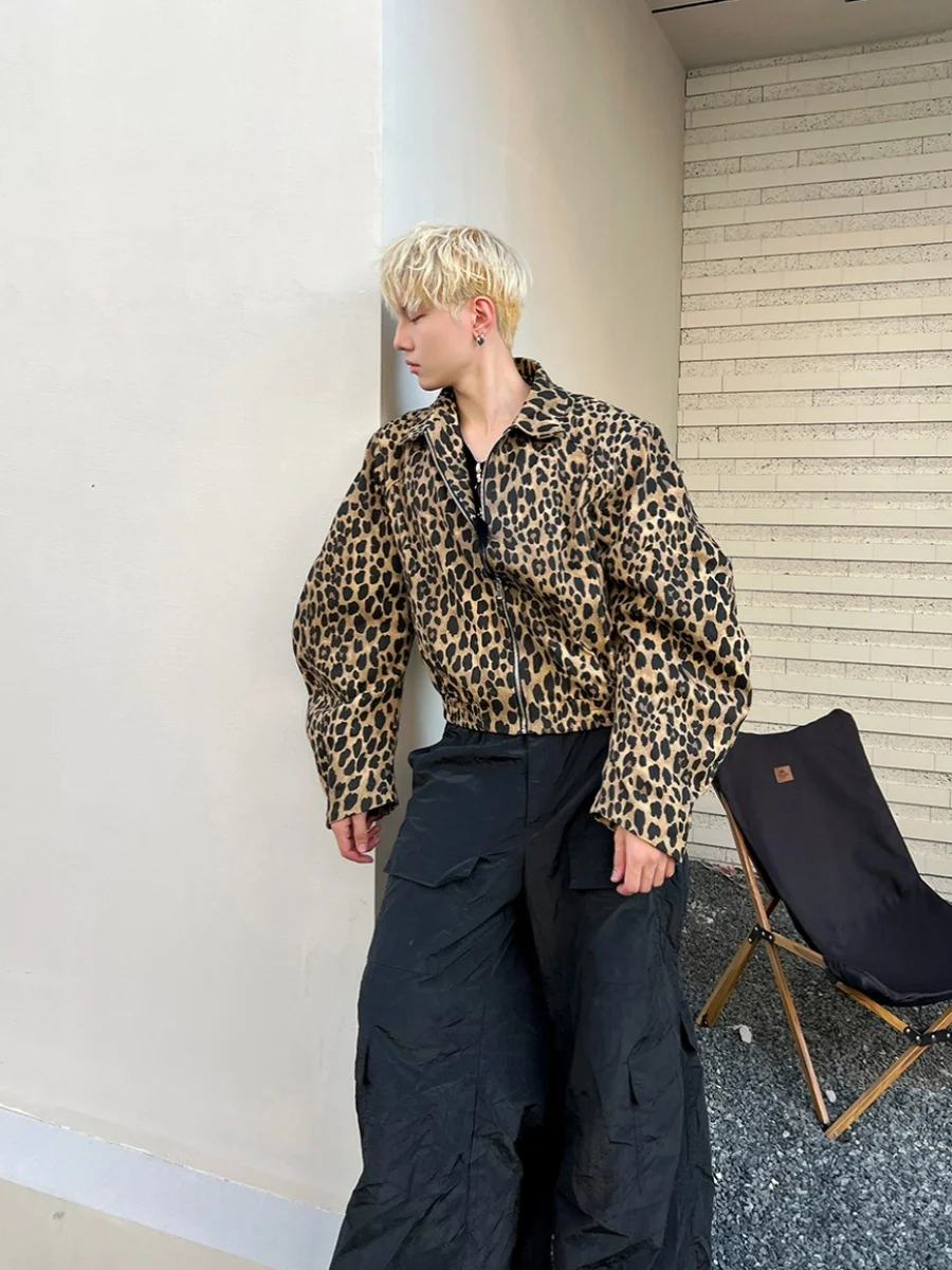 

Retro American Leopard Print Design Curved Blade Sve ort Jaet Men's Autumn Winter Loose Outerwear Youth Faion