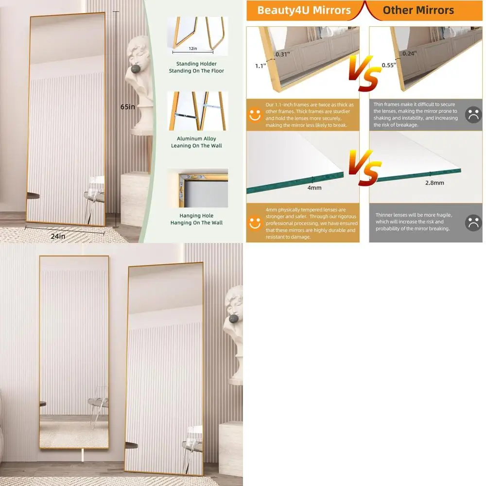 

Gold Wall-Mounted Full-Length Tempered Mirror with Stand, Ideal for Living Room or Bedroom