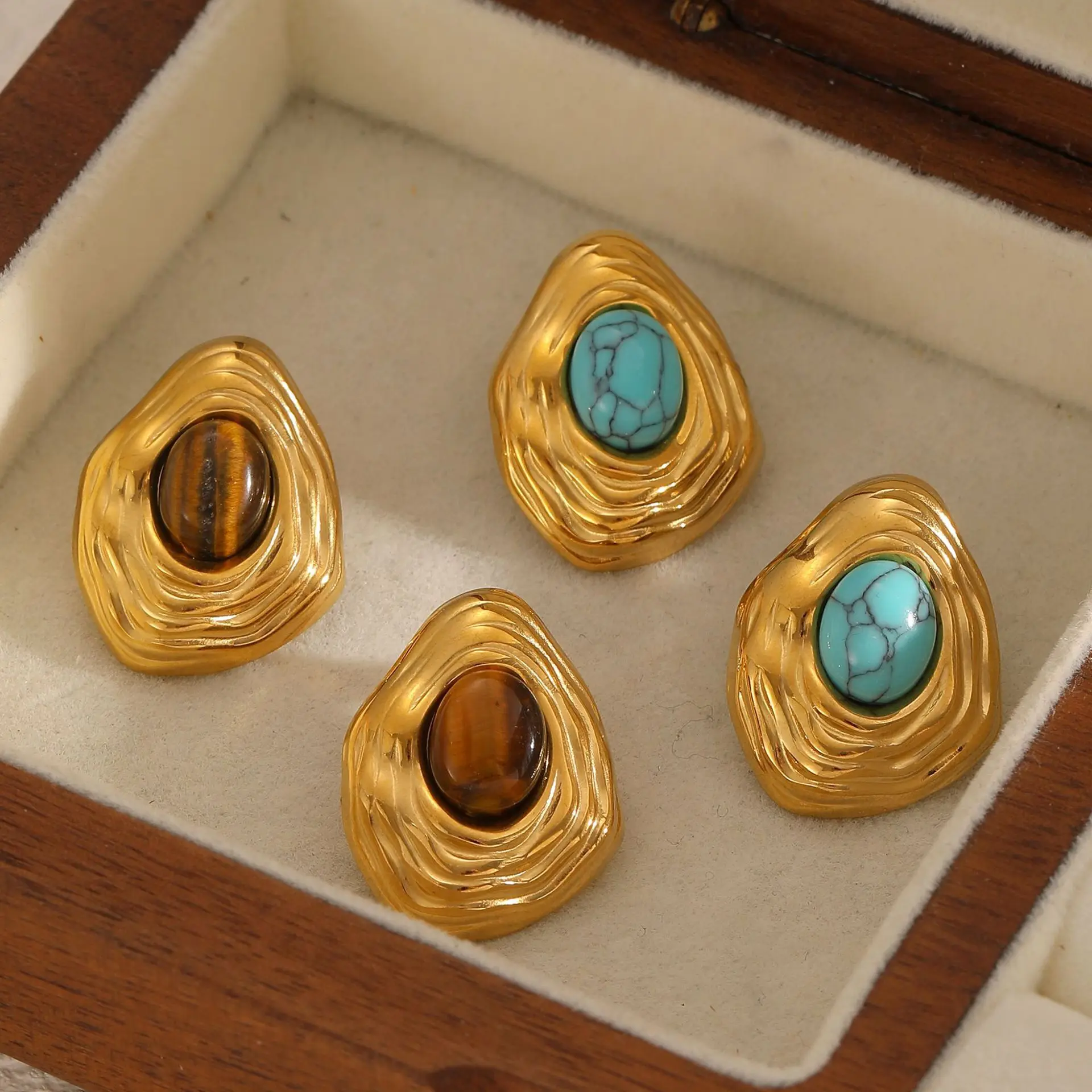 

Exaggerated Gold Plated Turquoise Earrings For Women Stainless Steel Big Irregular Design Party Jewelry Gift