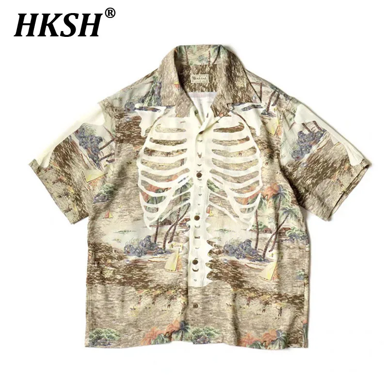 

HKSH Spring Summer New Male Tide Punk Shirt Casual Bone Print Turn Down Collar Short Sleeve Shirts Streetwear Fashion Top HK2354