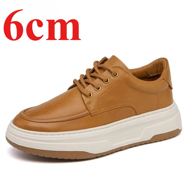 

Yellow Casual Board Shoes for Men's Increase 6cm Genuine Leather Retro Thick Soled Sports Elevated Shoes Height Increasing Shoes