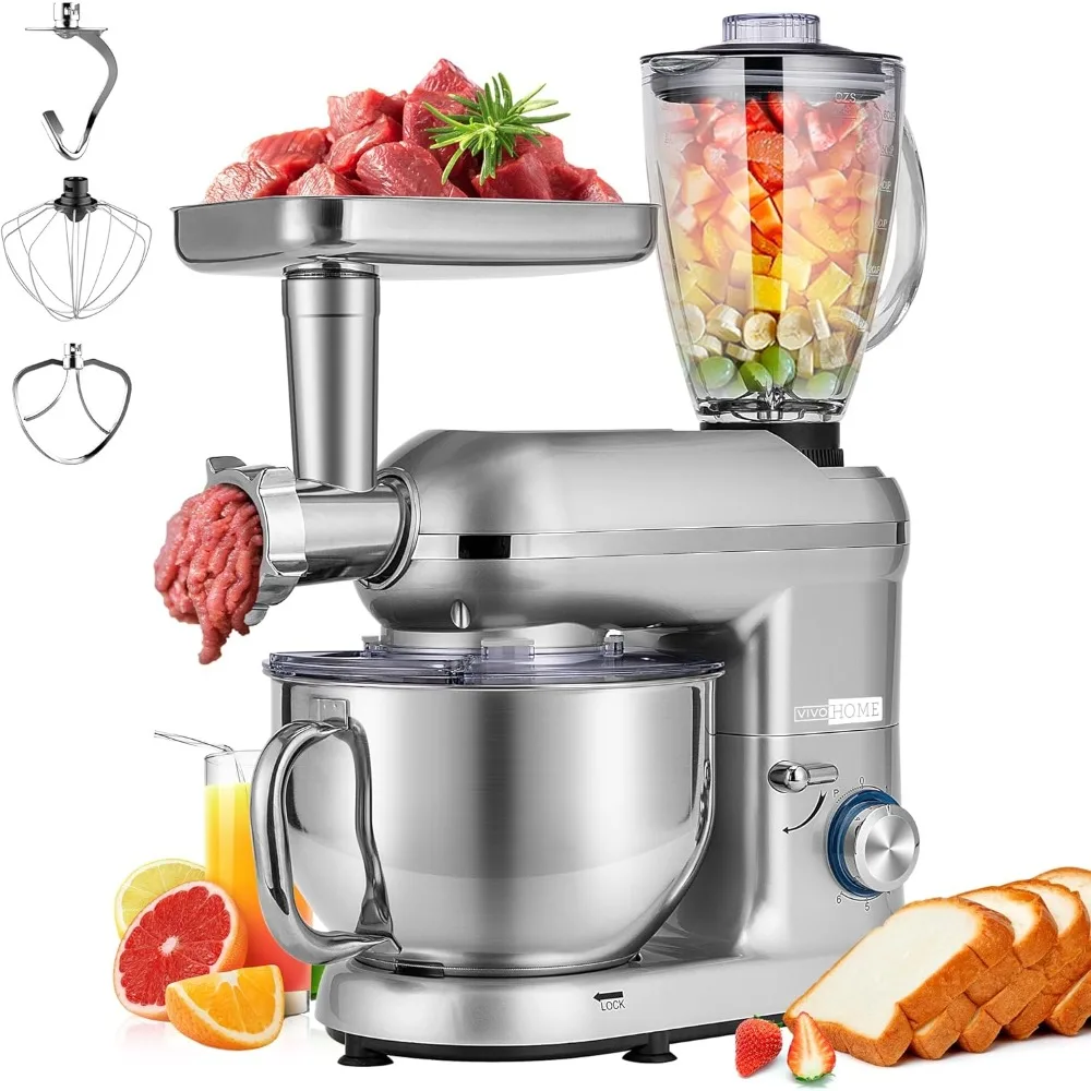 

3 in 1 Multifunctional Stand Mixer with 6 Quart Stainless Steel Bowl, 650W 6 Speed Tilt-Head Meat Grinder, Juice Blender, Silver