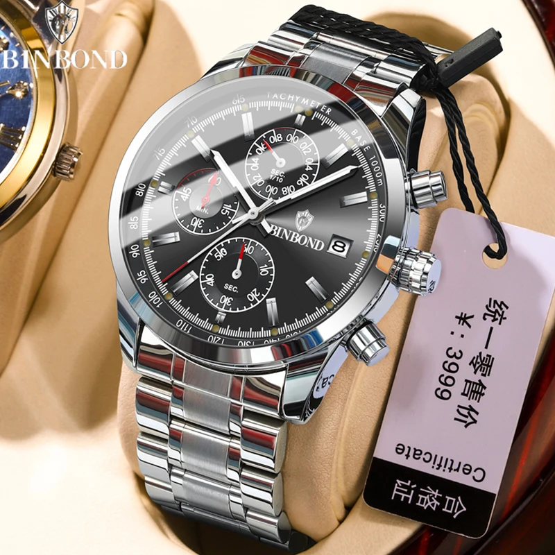 BINBOND B6022 Senior Luxury Men Quartz Watch Automatic Date Wristwatch Waterproof Luminous Sport Chronograph Business Men Watch