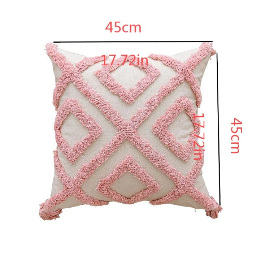 タッセル付きコットンピンクのタフテッドピローカバー,ソファ用の装飾的な枕カバー,シックな自由奔放に生きるクッション,甘いイン