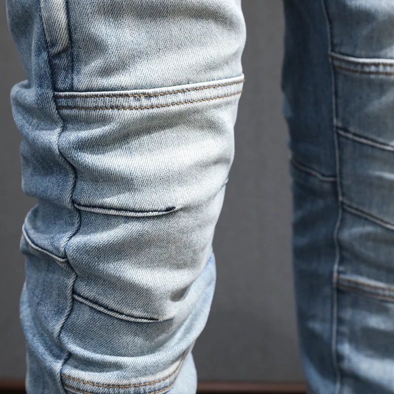 

Y2K designer's fashionable new men's jeans, washed nostalgic stretch slim fit light blue jeans, high street fashion hip-hop bran