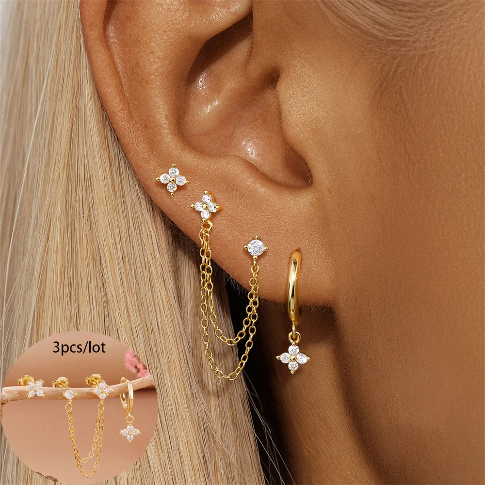 3 pièces/ensemble femmes boucles d'oreilles exquis cristal zircone fleurs chaîne en acier inoxydable cerceau boucle d'oreille Piercing bijoux aretes de mujer