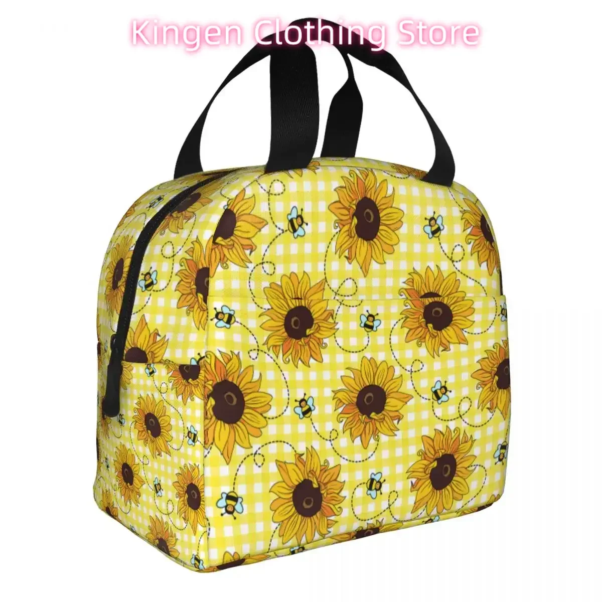 Lunch Bags for Men Women Checkered Check Sunflower Bee Thermal Cooler Waterproof Picnic School Canvas Tote Handbags