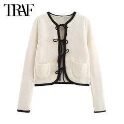 TRAF Butterfly Lace-Up Knitted Top Women's Cropped Sweater Top 2024  Long Sleeve Short Knitwear Autumn Fashion Elegant Sweaters