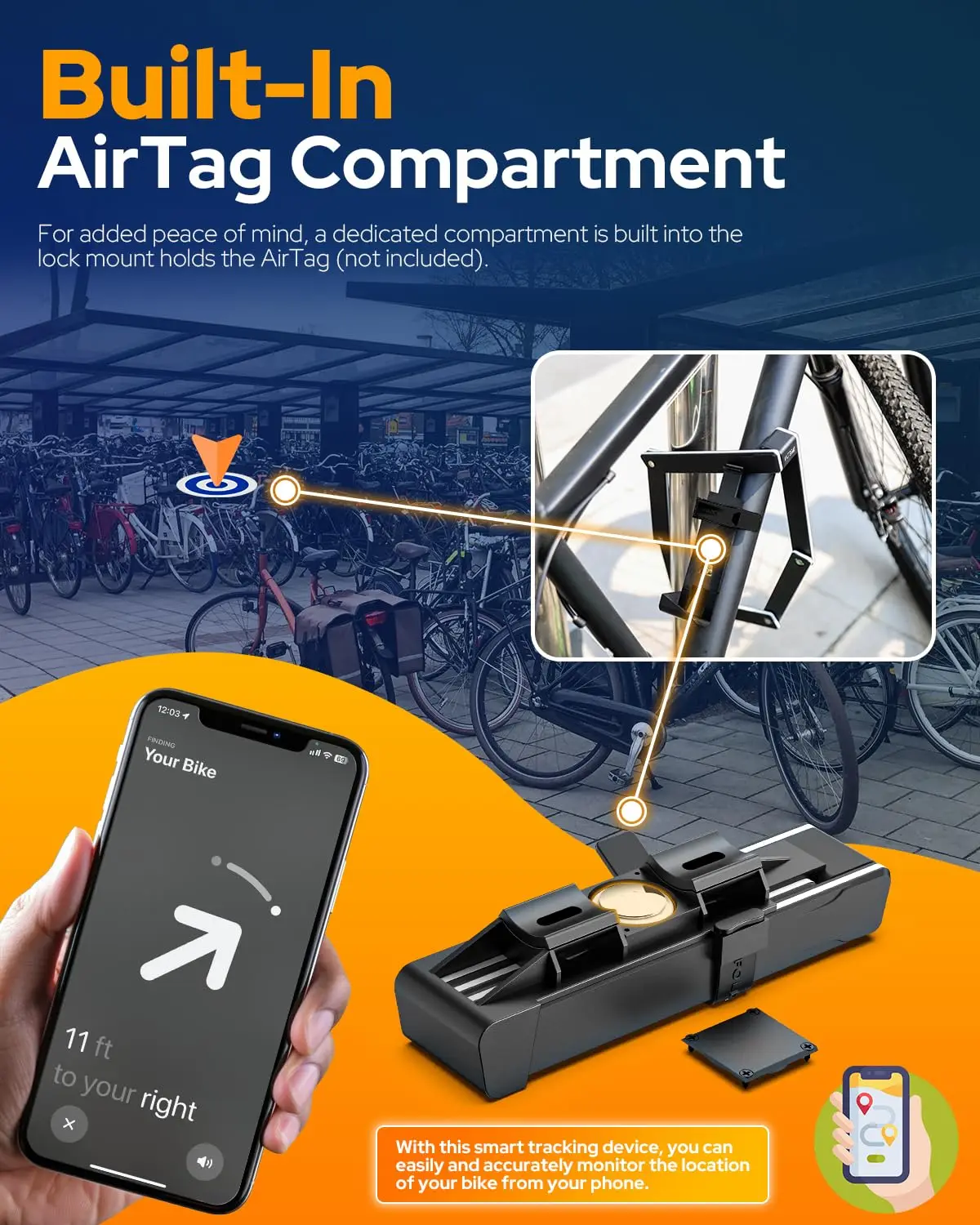 قفل دراجة VICTGOAL قابل للطي مع حامل AirTag مخفي، قفل محمول آمن مضاد للسرقة للدراجات الجبلية سكوتر الدراجة الإلكترونية